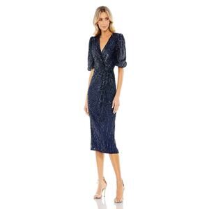 Mac Duggal 5578 Sequined V-Neck Short Puff Sleeve Midi Dress in Midnight Size 20